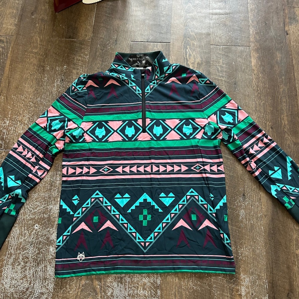 Greyson Clothiers Mens Large Aztec Ghost Wolf Print Quarter Zip Golf Pullover